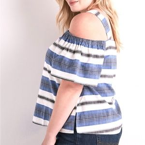 LUCKY BRAND Blue Stripe Cotton Cold Shoulder Top